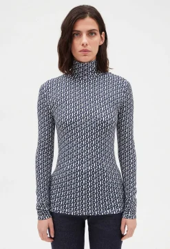 Claudie Pierlot Monogrammed Blue Roll-Neck T-Shirt*Women T-Shirts